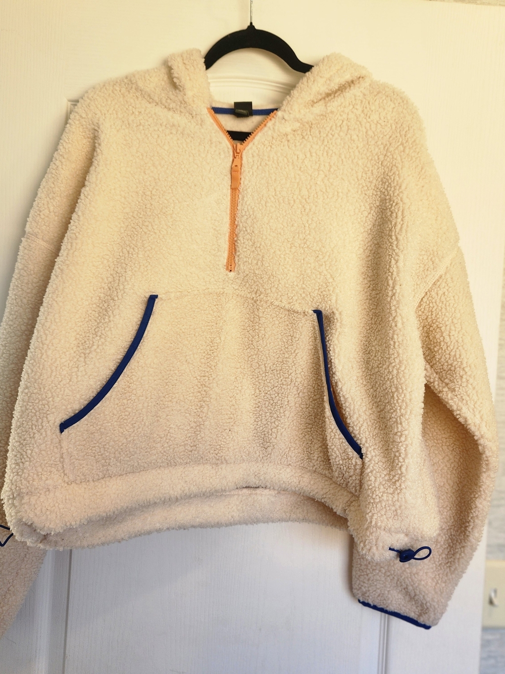 wild fable Cream Sherpa Half-Zip Hoodie with Blue Trim XL EUC